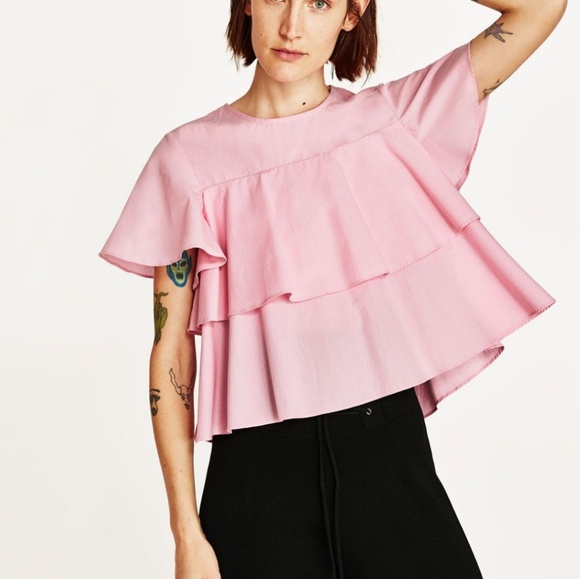 Zara Tops - Zara pink frill ruffle short sleeve blouse top